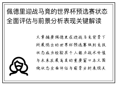 佩德里迎战马竞的世界杯预选赛状态全面评估与前景分析表现关键解读